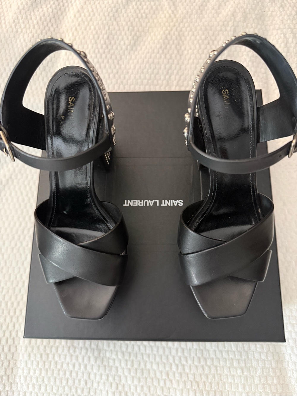 Saint Laurent Black Studded Platform Block Heels - Picture 7 of 10